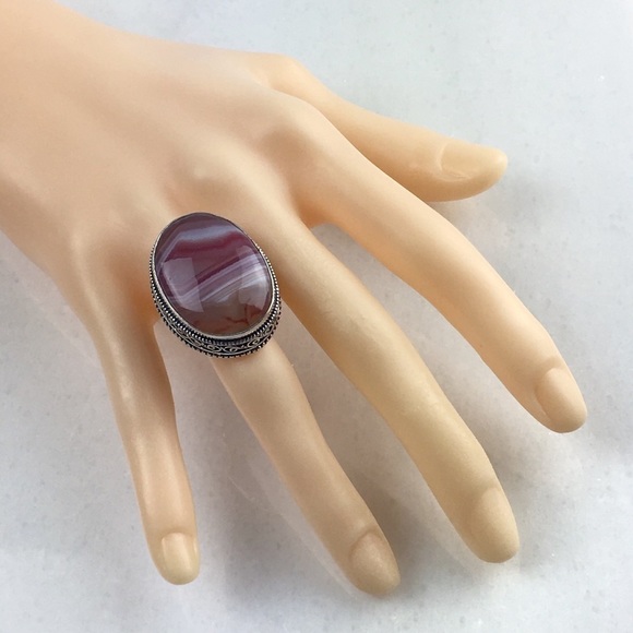 New Botswana Agate Statement Silver Overlay Vintage Style Ring Size 7.5 - Picture 7 of 12